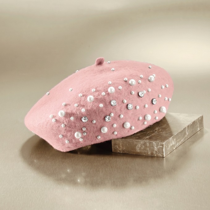 Women's Beret Studded with Faux Pearls and Rhinestones, , large