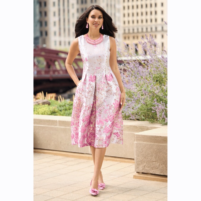 Minna Metallic Brocade Dress with Cropped Jacket and Removable Bow Detail, , large