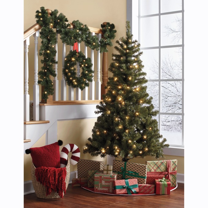 Pre-Lit Christmas Tree, Wreath & Garland Set, 3 Pieces, , large