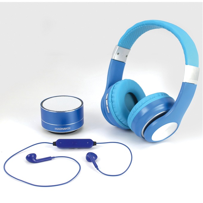 Magnavox 3-In-1 Combo Headphone, Earphone, and Speaker Set, Blue, large