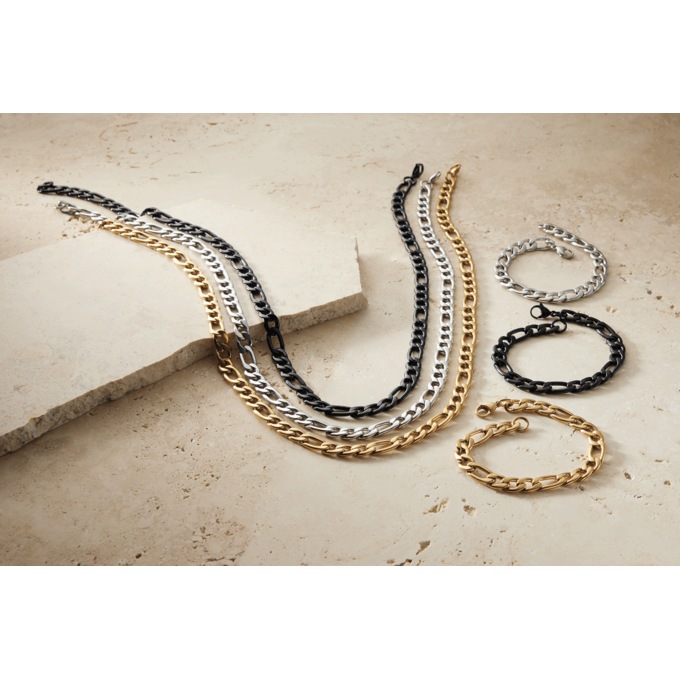 Men's Stainless Steel Figaro Necklace & Bracelet Set, , large
