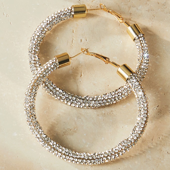 Crystal Pav&eacute; Hoops, Goldtone, large