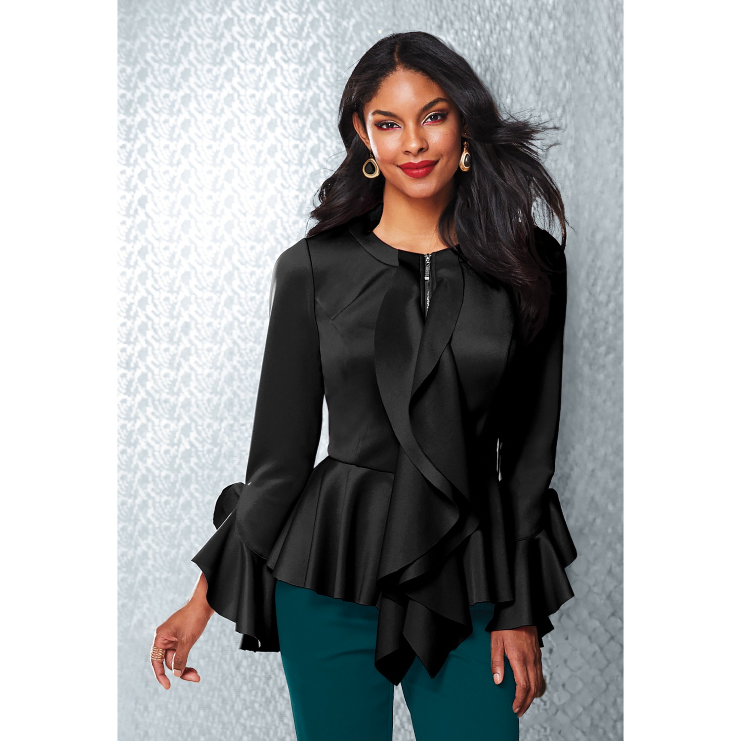 Darcy Zip-Up Ruffles Jacket for Women with Peplum | Midnight Velvet