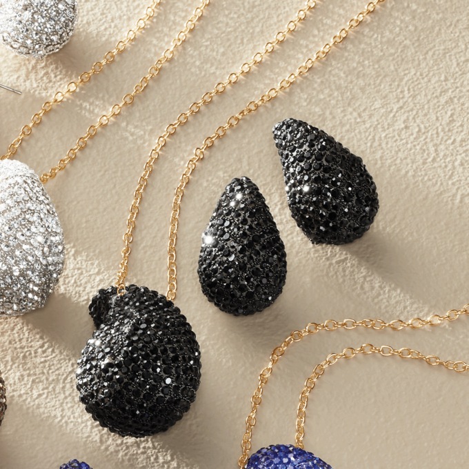 Pav&eacute; Crystal Round/Teardrop Necklace & Earring Set, Black, large