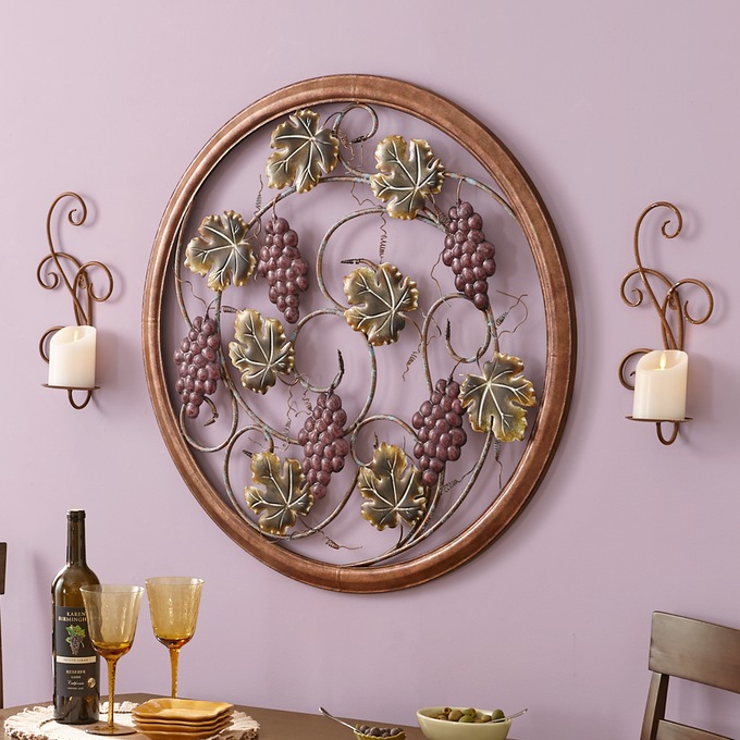 Set of 2 Suma Scroll Wall Sconces and Round Framed Grape Wall Art, , large