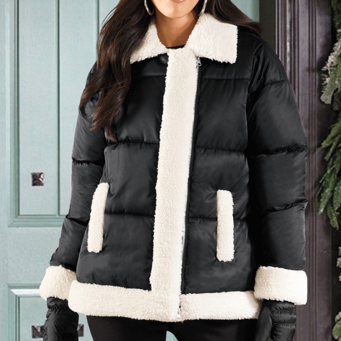 Emma Puffer Jacket with Sherpa Trim and 2-Way Zip for Women, Black, large