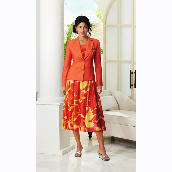 Louisa Vibrant 3-Piece Skirt Suit with Full Skirt and Rhinestone Brooch, , large