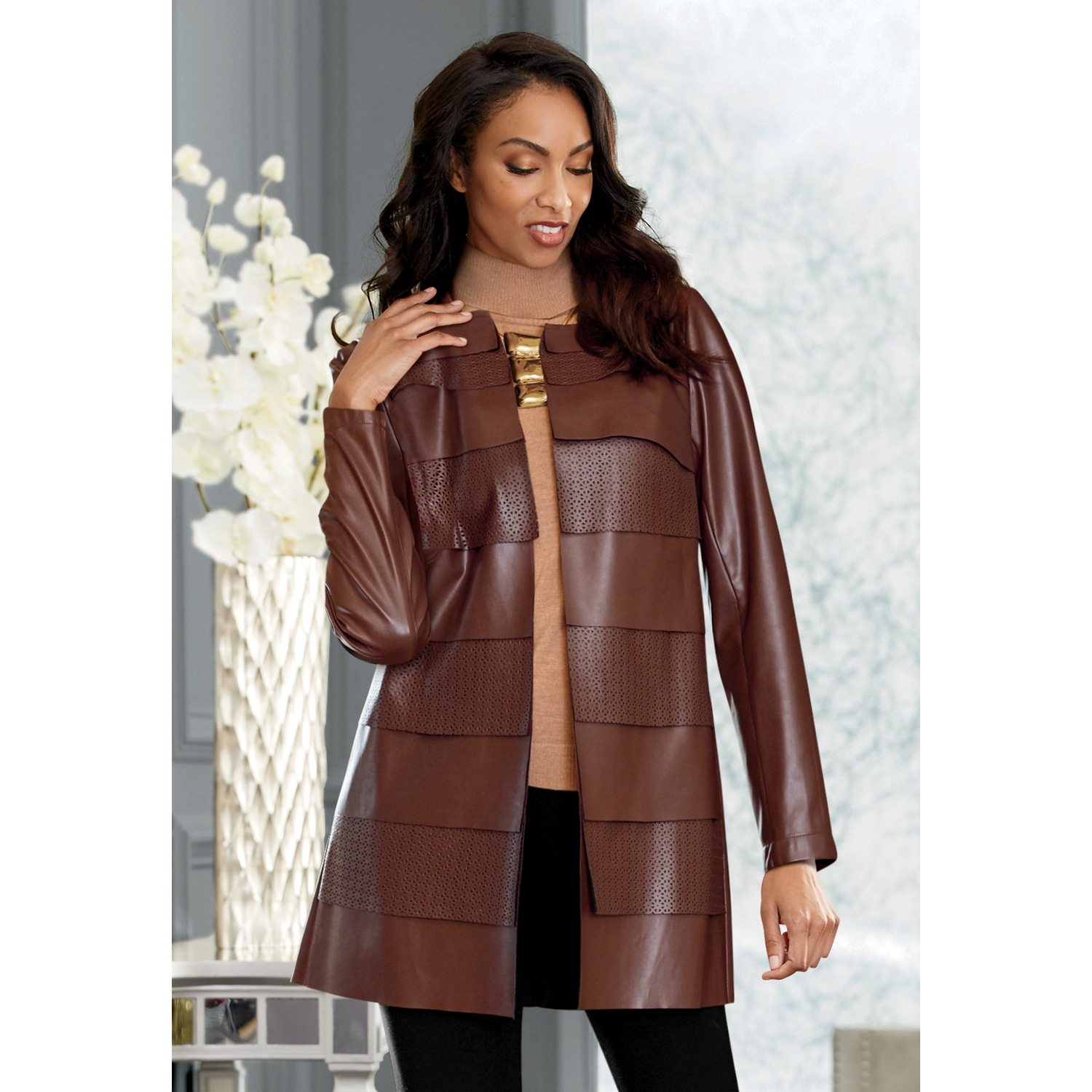 新品 loin nuit nuance button lace jacket Elaina Faux Leather Jacket with Tiers and Lasercut Designs