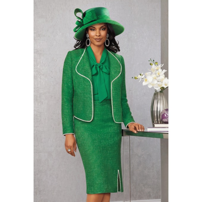 Lindia 3-Piece Boucl&eacute; Skirt Set with Faux Pearl Trim and Bow Blouse, , large