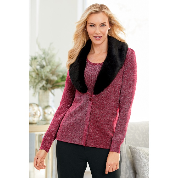 Faux-Fur Collar Twinset Sweater, , large