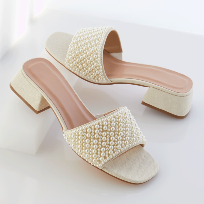 Faux Pearl Slide with 1.5" Block Heel, , large