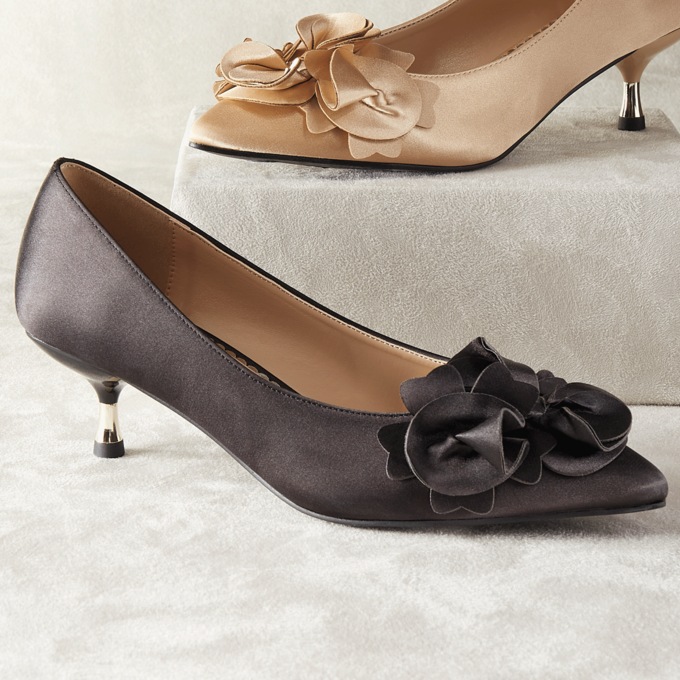 Amanda D’laurie Ruffle Kitten Heel for Women in Satin with 2” Dual-Finish Heel, Black, large