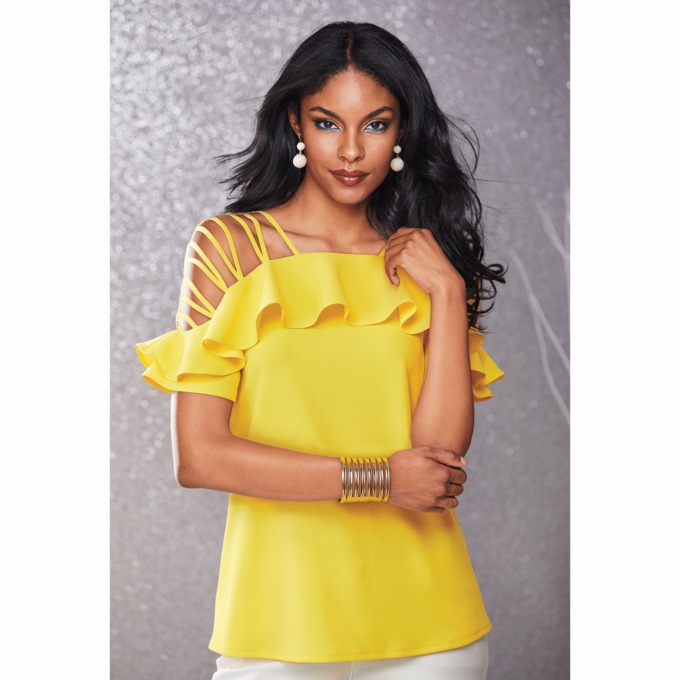 Nina Ruffled Top with Flutter Sleeves and Strappy Cold Shoulders, , large