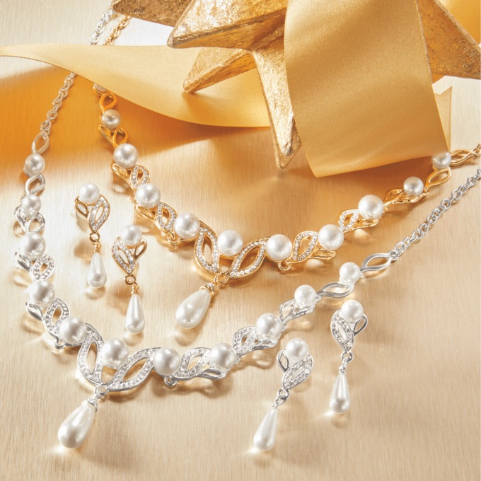 Faux-Pearl/Teardrop Necklace & Earring Set, , large