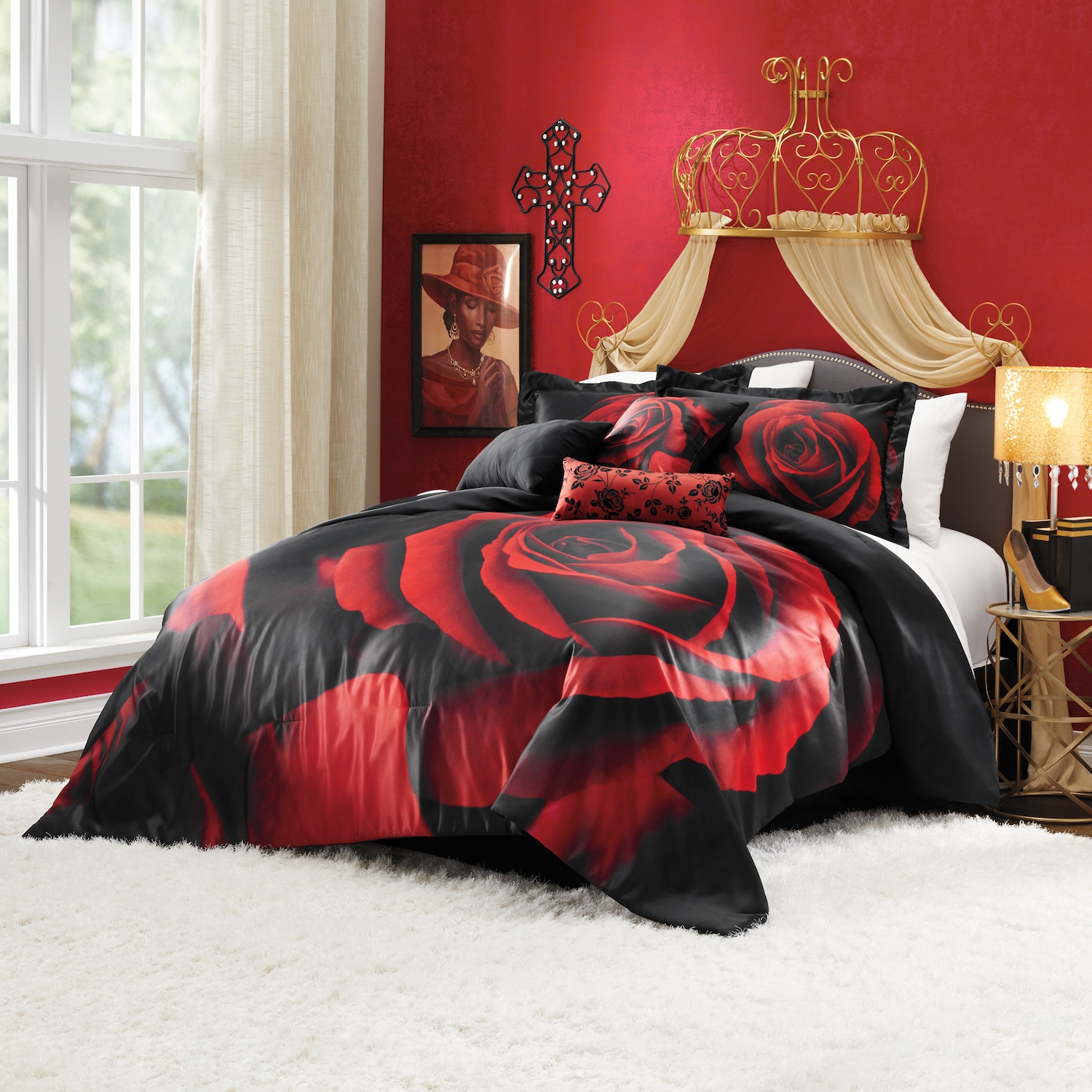Satin Roses 7-Piece Comforter Set | Midnight Velvet