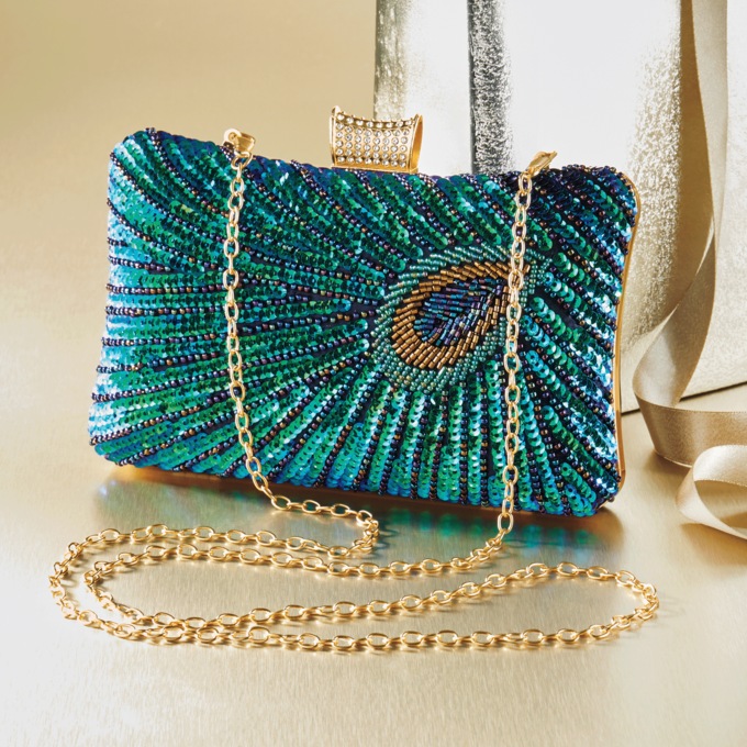 Sequin Peacock Clutch, , large