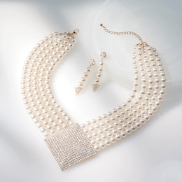 Crystal/Faux-Pearl Multi-Strand Necklace &amp; Earring Set, , large