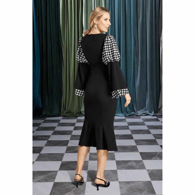 Houndstooth Bell-Sleeve Sheath Dress, , large