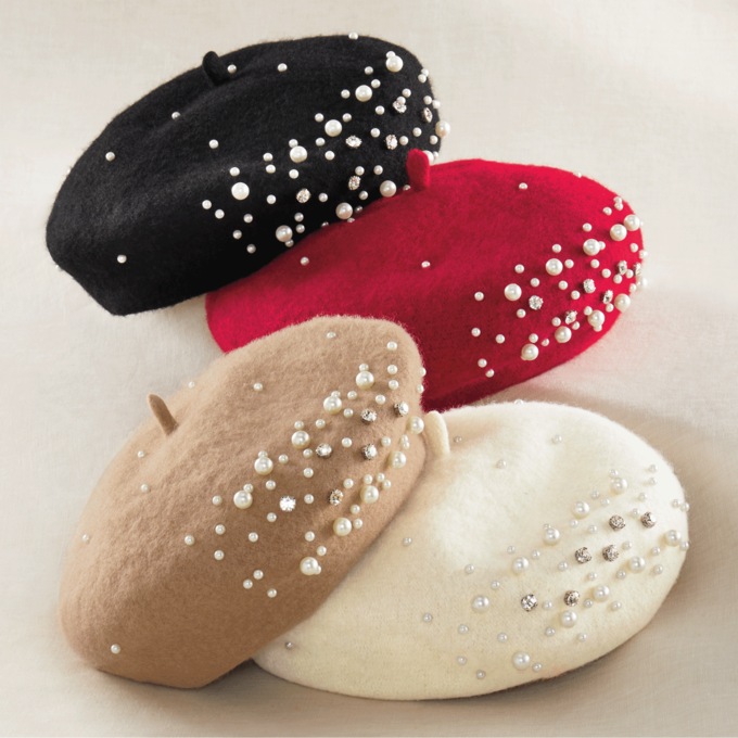 Women's Beret Studded with Faux Pearls and Rhinestones, , large