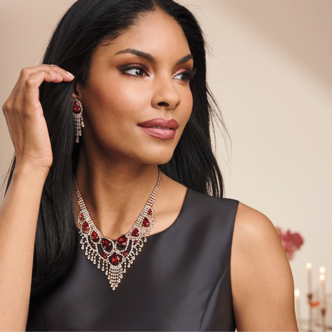 Crystal/Fringe Color Necklace & Earring Set, , large