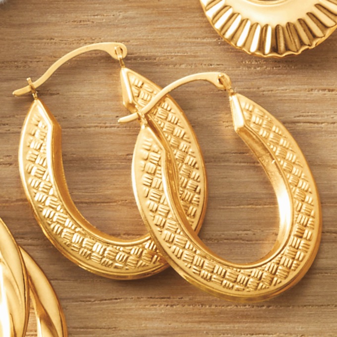 10K Gold Oval Basketweave Hoops, , large
