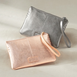 Zippered Metallic Faux Leather Wristlet, , large