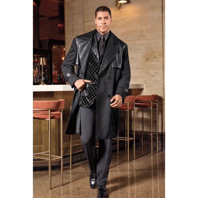 Sylvester Men&rsquo;s Faux Suede Trench Coat with Faux Leather Trim, , large