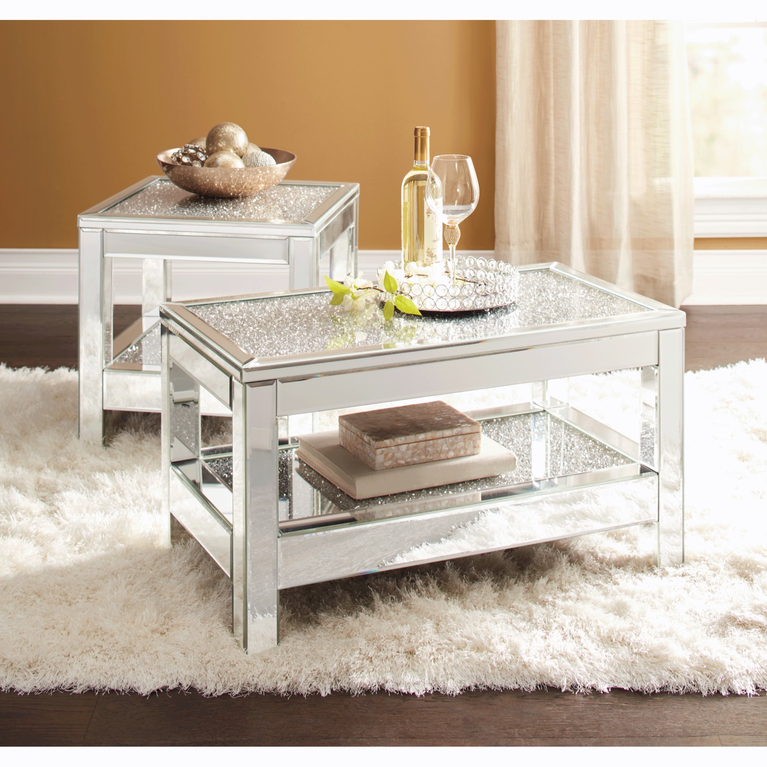 Aida Mirrored Coffee Table and End Table Midnight Velvet