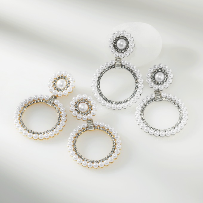 Faux Pearl Crystal Circle Drop Earrings, , large