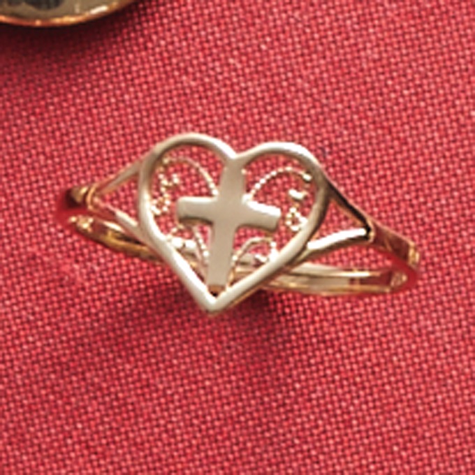 10K Gold Heart Cross Ring, , large