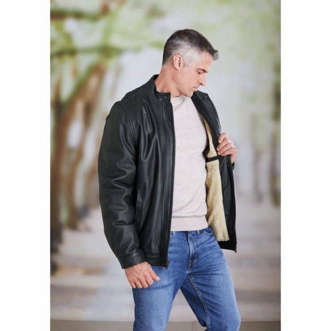 Sherpa-Lined Leather Coat, , large