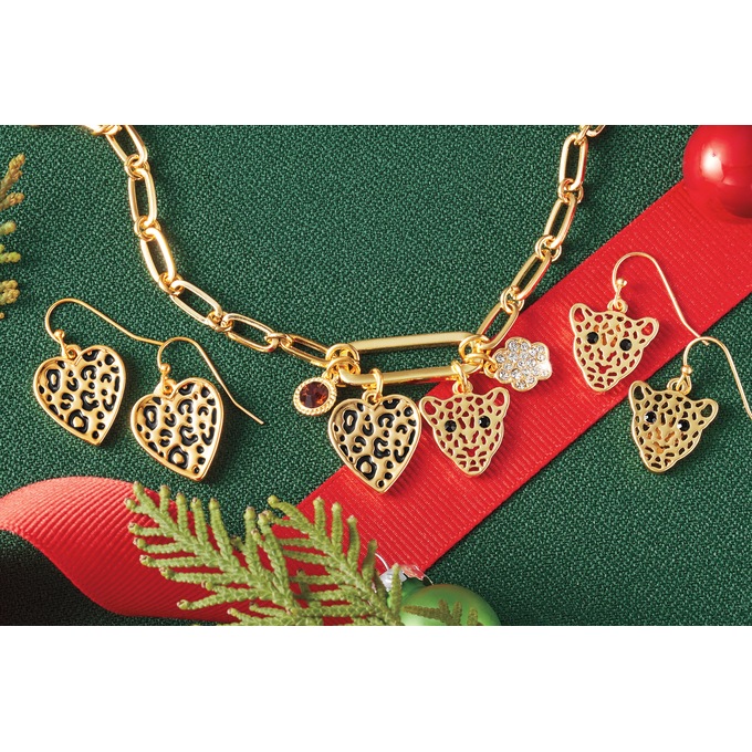 Charm Bracelet & 2-Pair Earring Set, Leopard Goldtone, large