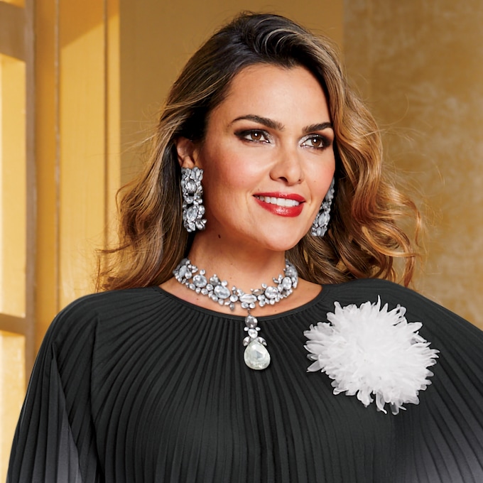 Farida Long Pleated Caftan in Ombre Print with Rosette Pin, Black White, large