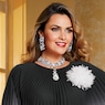 Farida Long Pleated Caftan in Ombre Print with Rosette Pin, Black White, large