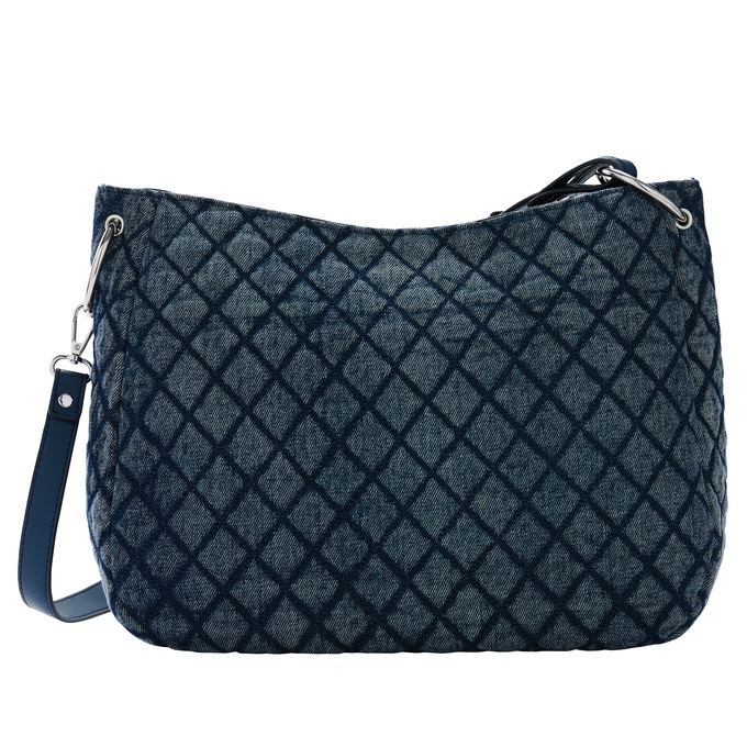 Quilted Denim Hobo Bag – Diamond-Stitch Shoulder Purse with Chain and Crossbody Strap for Women, , large
