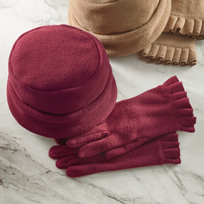 Hat and Ruffle Trim Glove Set, Wine, large