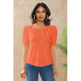 Prisha Puff-Sleeve Tee with Faux Pearls, , large