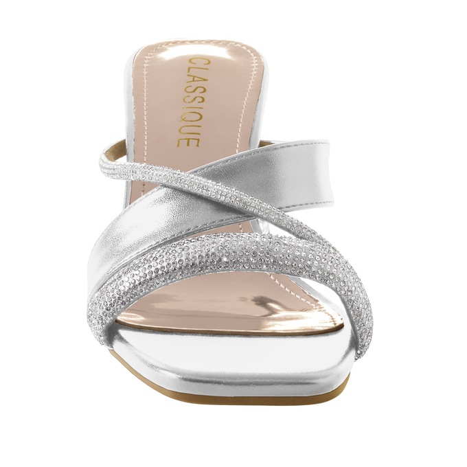 Classique Glitter Rope Slide Sandal with Mini Rhinestones and Chunky 2.5" Heel, Silver, large