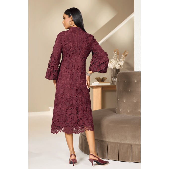 Maurie Lace Floral-Appliqu&eacute;s  A-Line Midi Dress with Mandarin Collar, , large