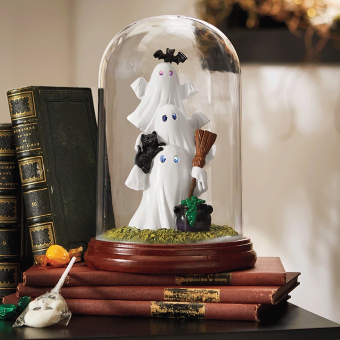LED Lit Stacked Ghosts in Glass Cloche Halloween D&eacute;cor, Multi, large