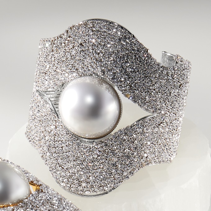 Faux Pearl & Crystal Wide Bangle, Silvertone, large