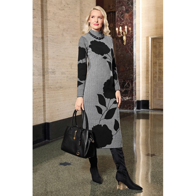 Haleigh Herringbone Sweater Sheath Dress with Mock Collar, , large