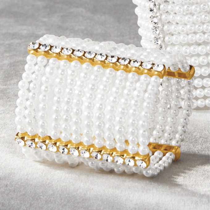 Faux-Pearl/Crystal Wide Stretch Bracelet, Goldtone, large