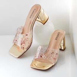 Classique See-Through Vinyl Floral Slide with 2.5" Metallic Statement Heel, , large