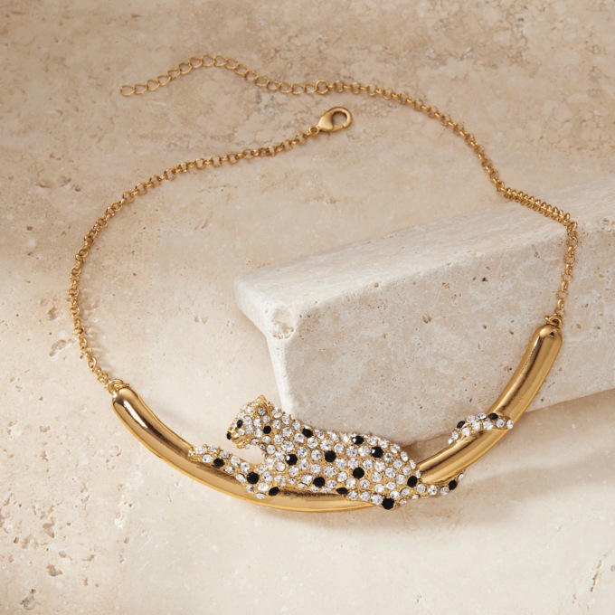 Crystal Leopard Necklace, Goldtone, large