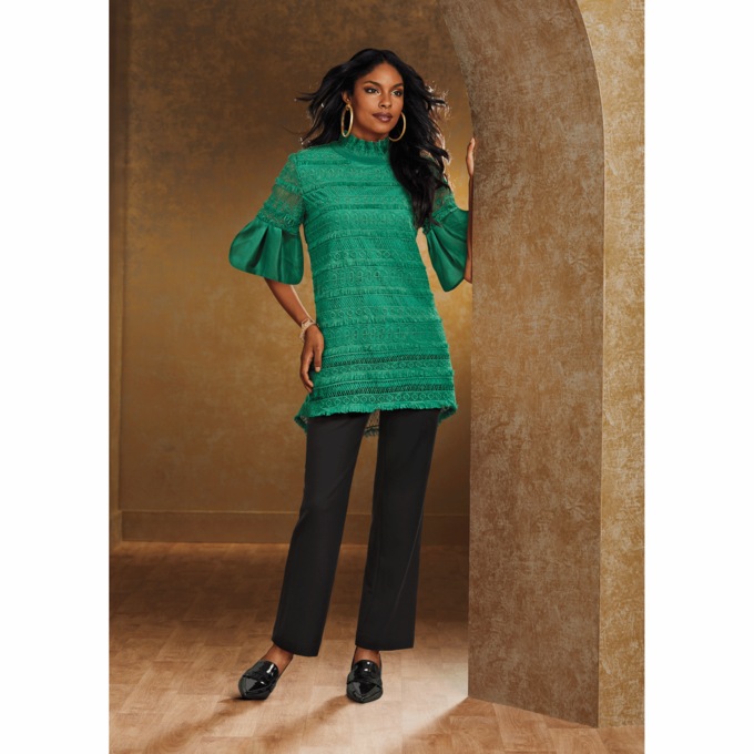 Ada Woven Lace Tunic with Ruffled Collar and High-Low Fringe Hem, , large