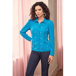 Maggie Faux-Pearl Embellished Blouse with Puff Sleeves, , large