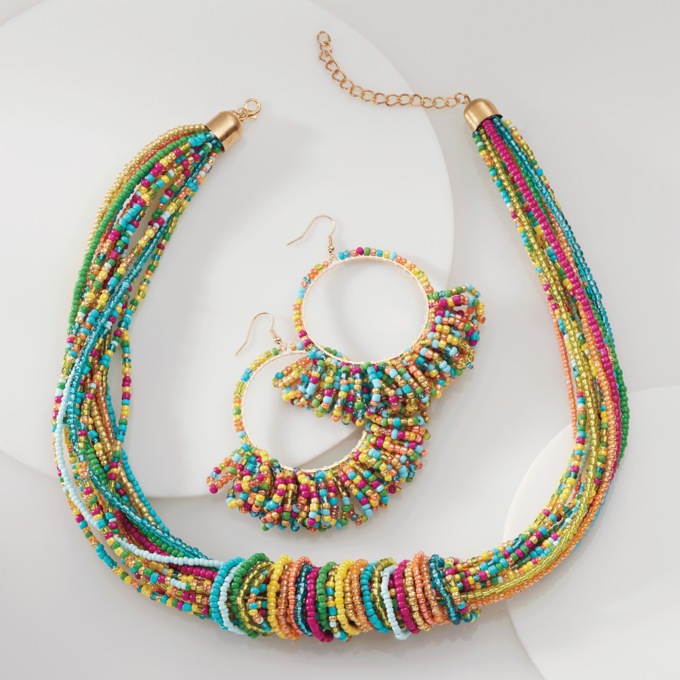 Vibrant Multi-Strand Bead Necklace & Earring Set, Multi, large
