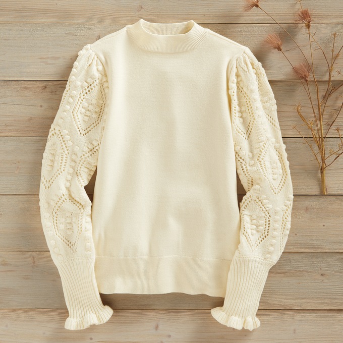 Nora Ribbed Women's Sweater with Pointelle Balloon Sleeves and Mockneck, , large