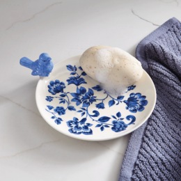 Chinoiserie Hand-Painted Bird Stoneware Soap &amp; Trinket Dish, , large